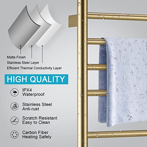 Vjass Heated Towel Rack, 9-Bar Towel Warmer Rack, Wall Mounted Electric Towel Warmer, Electric Towel Drying Rack With Timer, Brushed Gold Stainless Steel Heated Towel Warmer, Plug-In/Hardwired #TOP1