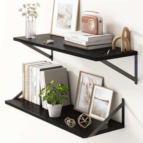 10 Inch Deep Floating Shelves, Black Floating Shelves 30 Inch Long, Rustic Wood Wall Shelves 30"W x 10"D, Deep Floating Shelf with Bracket, Wide Storage Shelves for Books, Living Room, Bathroom