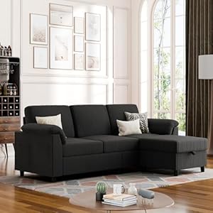 Vongrasig Convertible Sectional Couches, 3 Seat L Shaped Couch Sofa with Removable Pillows Soft Corduroy Fabric Small Couch Mid Century for Living Room, Apartment and Office Black