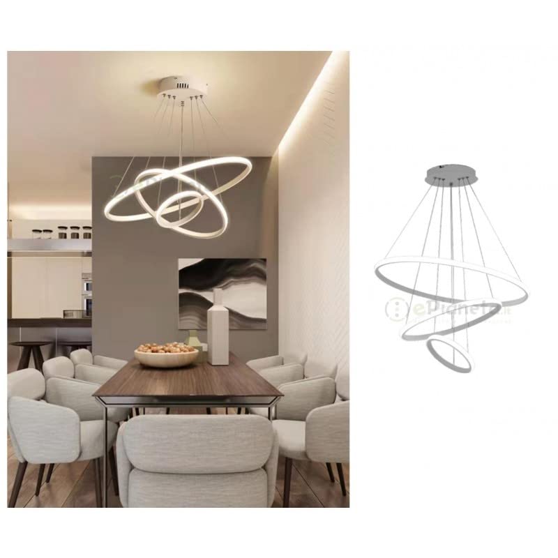 Lampadario sospeso led 100w 3 cerchi pendente cerchio rotondo con anelli bianco design moderno per camera salotto (Luce Naturale)