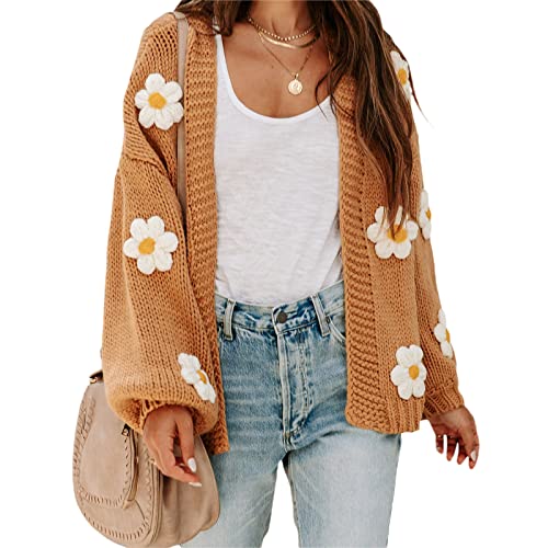 Women Crop Cardigan Sweater Long Lantern Sleeve 3D Flower Open Front Y2K Knit Cardigan Kawaii Crochet Sweater Tops (Camel+Flower, S) #TOP1