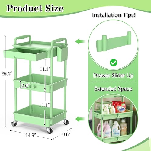 Image of SUNALLY 3-Tier Rolling Cart with Drawer & Lockable Wheels, Bathroom Storage Organizer Multifunctional Rolling Storage Cart for Bathroom, Kitchen, Office, Craft, Makeup, Baby Essentials, Green