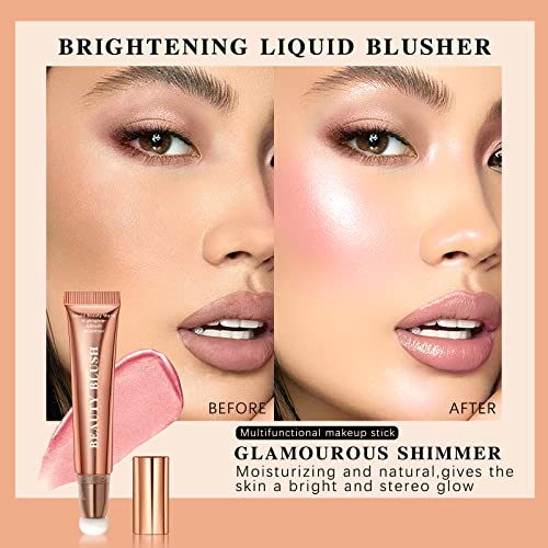 Newbang Liquid Blush Beauty Wand Shimmer Face Blush With Cushion Applicator, Natural Pearl Finish, Silky Smooth Cream Formula, Moisturizing Shiny Glitter Blusher Rouge Rubor Stick Pen #Peach Pink #TOP3
