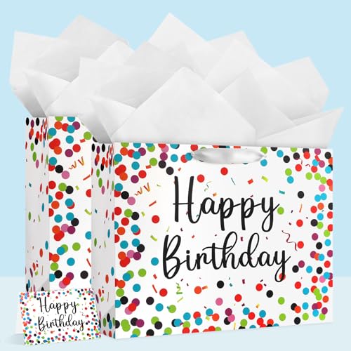 Image of JMANNI Large Happy Birthday Gift Bag with Tissue Papers and Greeting Card, Portable Paper Gift Bags with Handles,Colorful Dots Present Bags for Women Girls Birthday Party Supplies 13 inch x 10.2 inchx4.7 inch
