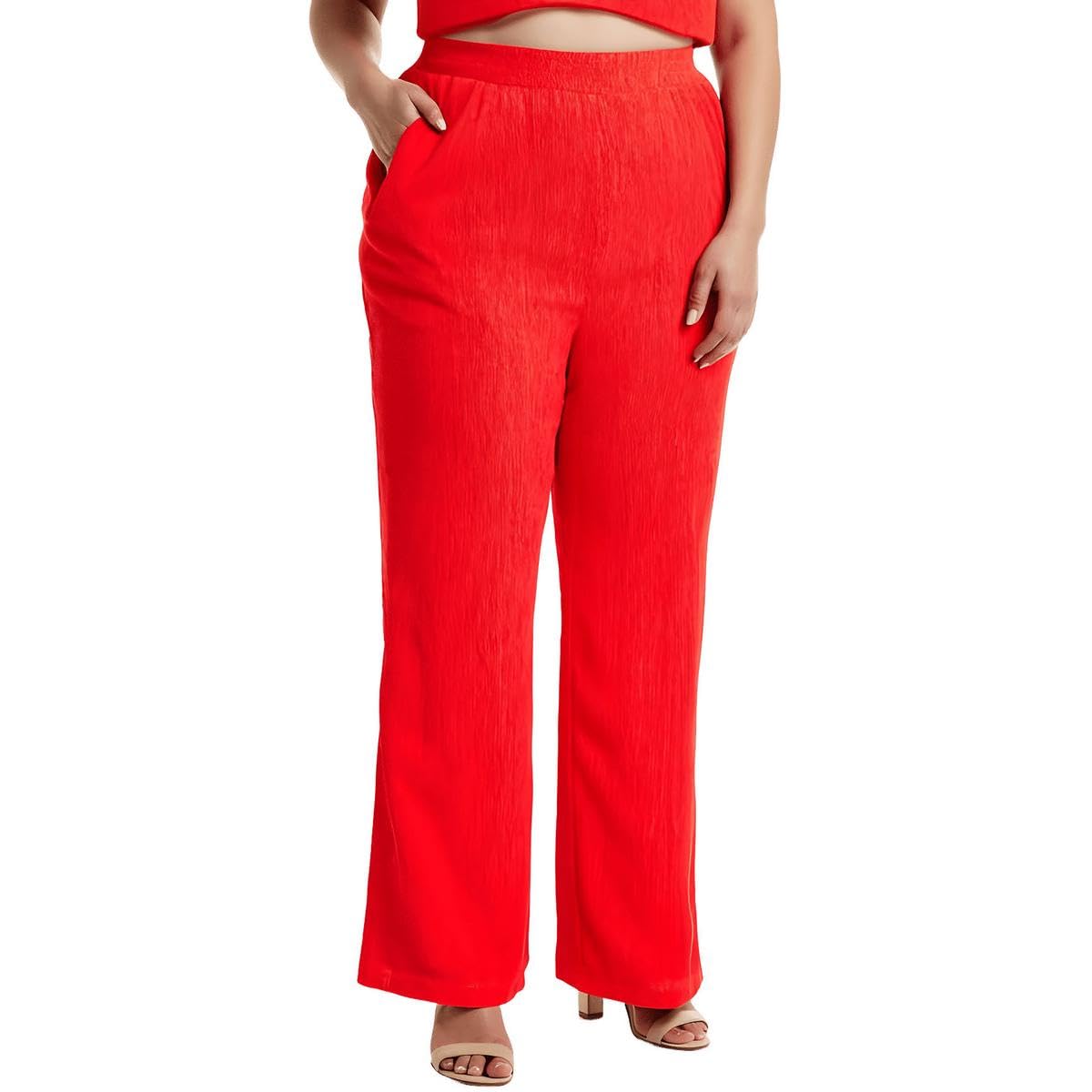Nina Parker Womens Plus Textured Wide Leg Pants Red 3X