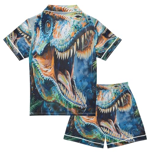 ALAZA Blue Animal Dinosaur Palm Leaf Satin Pajamas Set Short Sleeve Button Down Sleepwear Summer Pjs 2 Piece2