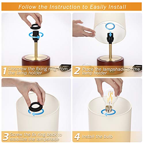 USB Table Lamp, Boncoo Bedside Touch Control Lamp with 2 USB Charging Ports, Dimmable Minimalist Solid Wood Nightstand Lamp Round Fabric Shade for Bedroom Dresser Living Room, A19 6W LED Bulb Included - Thumbnail 6