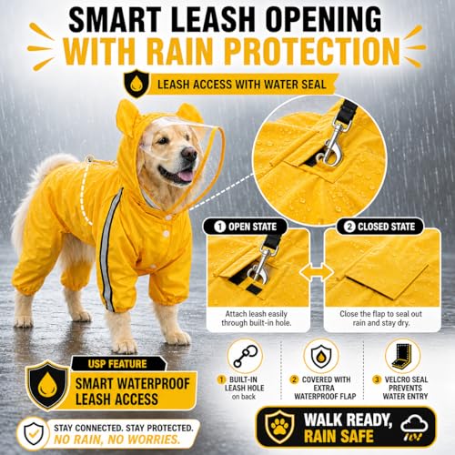 Image of Full Body Dog Raincoat with Hood & Transparent Face Shield | Waterproof Pet Rain Suit with Leash Hole & Reflective Strip | Adjustable Rain Jacket | All Weather Protection Rainwear (Small)
