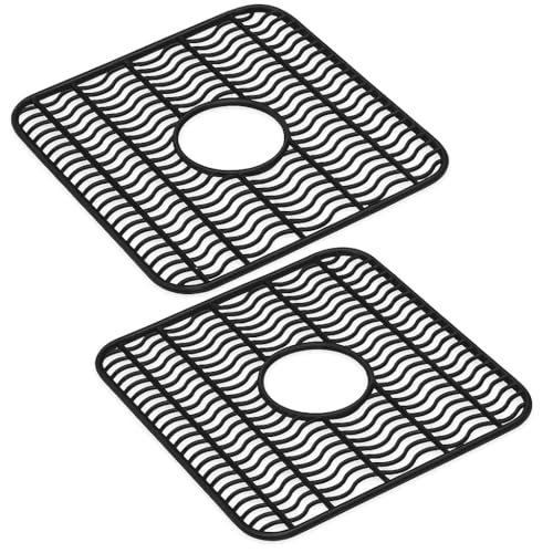 Dependable Industries Inc. Essentials 2 Pack Plastic Sink Protector Mat with Center Drain Cutout Protect Sink and Glasses and Dishes from Scratches and Breaks 12 x 11 (Black)
