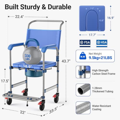 Image of 4-in-1 Bedside Commode with Wheels, Heavy Duty Shower Chair, 330LBS Capacity, 360 Lockable Casters, 18.9 inch Wide Seat, Detachable 6L Bucket, Portable Toilet for Elderly and Disabled