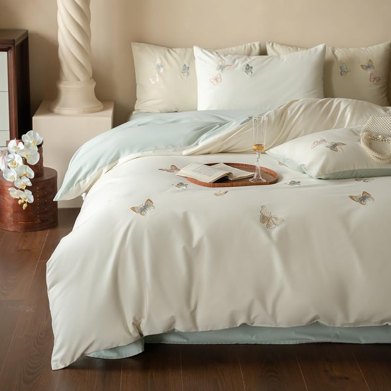Sage Butterfly Bedding Set - Reversible 100% Brushed Cotton with 146,800-Stitch Embroidery, Full (Pale Green & Ivory Reverse)