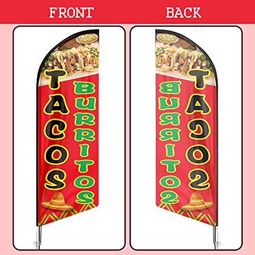 Qsum Tacos Burritos Swooper Flag, 11Ft Windless Tacos Burritos Feather Flag With Aluminum Alloy Flagpole/Stainless Steel Ground Stake/Portable Bag, Tacos Burritos Signs For Business Advertising #TOP4