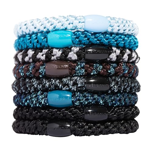 Image of L. Erickson Blue Hair Ties for Thick Hair, Grab & Go Ponytail Holders, 8 Pack, Blue Tide, Thick No-Crease Bands with Strong Hold, Damage-Free Design, Cool Coastal Blend