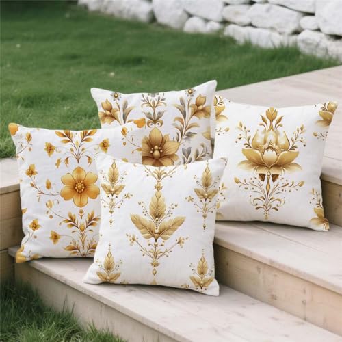 Housse coussin 60x60cm imperméable moutarde taie oreiller extérieur fleurs - 4