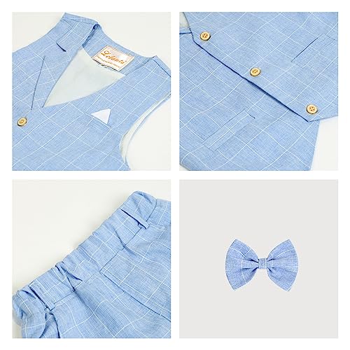 Image of Summer Boys Suit Dress Clothes Kids Wedding Ring Bearer Outfit 4Pcs Shirt Vest Shorts Set