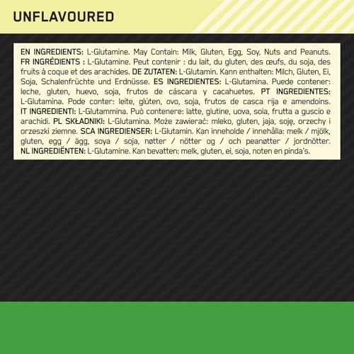 Optimum Nutrition Glutamin-Pulver, l-Glutamin-Aminosäure-Pulver, Nahrungsergänzungsmittel vor und nach dem Training Shake, nicht aromatisiert, 123 Portionen, 630 g