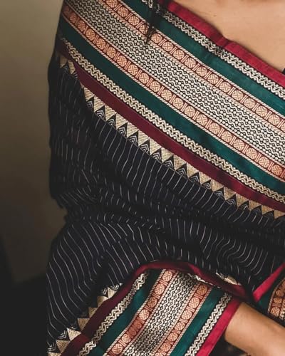 Image of Black Narayanpet Pure Mercerised Cotton Saree for Women | Antique Border Design | Elegant and Breathable outfit | Ideal for Special Occasions | 6.2 Meters Length with Running Blouse Piece