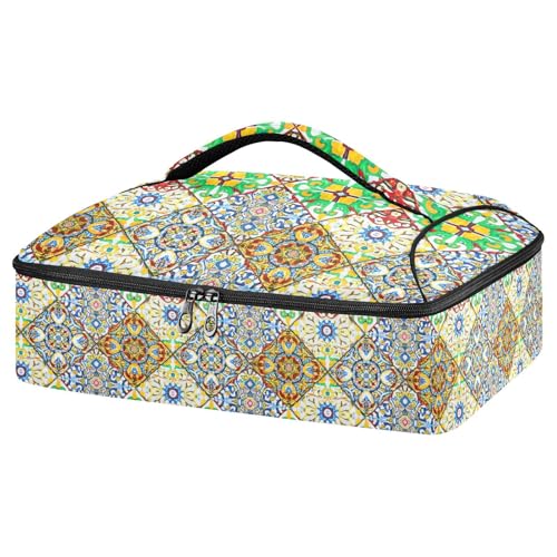 xigua Retro Ethnic Hexagon Tiles Pattern Casserole Dish Carrier,Portable Leakproof Insulated Casserole Carrier for Hot or Cold Food, Travel, Party, Picnic,Camping