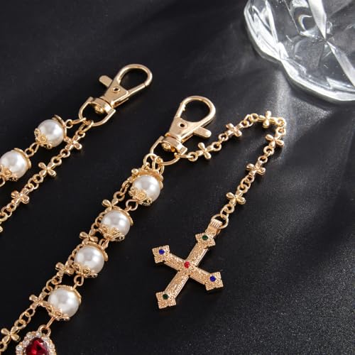 Layered Daisy Pearl Wallet Chain Rhinestone Flower Heart Cross Bag Charms Keychain Pants Jean Chains for Women Men (gold cross chain heart)