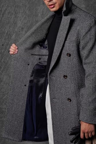 Mens Trench Coat Herringbone Tweed Pea Coat Double Breasted Peak Collar Casual Fall Winter Classic Long Overcoat4