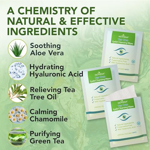 Noveha EYELID-TEA-TREE-WIPES-60PC 60Pcs Tea Tree Oil Eyelid & Lash Wipes | With Hyaluronic Acid, Green Tea & Chamomile For Blepharitis, Itchy & Stye Eyes, Individually Wrapped, Natural Eyelash Makeup Remover & Daily Cleanser thumb #1