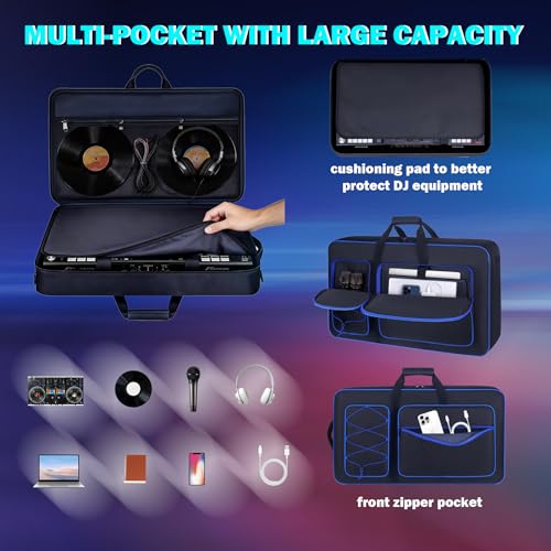 Image of DJ Controller Case Bag Compatible with DDJ-FLX10 / 1000 / 1000SRT / DDJ-GRV6 / REV5 / REV7, Padding Gig Bag with Adjustable Shouldder Strap, DJ Backpack with Multi- Pockets for Gear (Blue, without wheels)