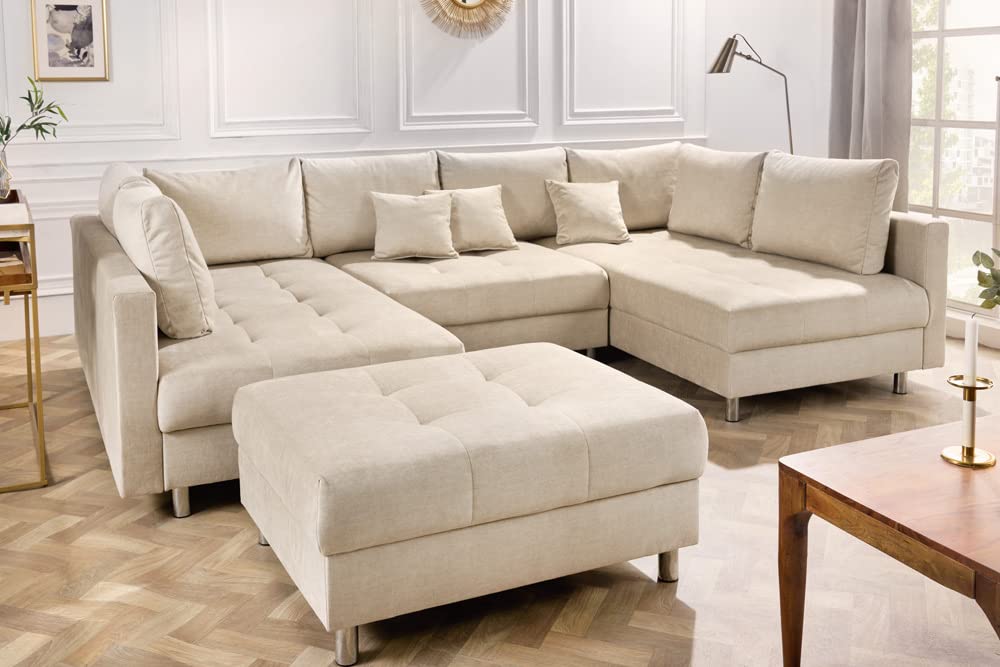 riess-ambiente.de Moderne XXL Wohnlandschaft Kent 305cm Champagner beige Samt inkl. Hocker und Kissen