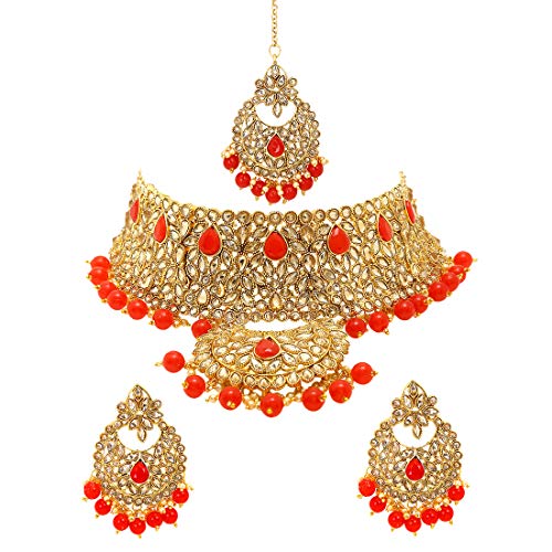 Yellow Chimes Gold Plated Traditional Kundan Studded Pearl Choker Necklace Set with Chandbali Earrings with maang Tikka Bridal Jewellery Set Deal