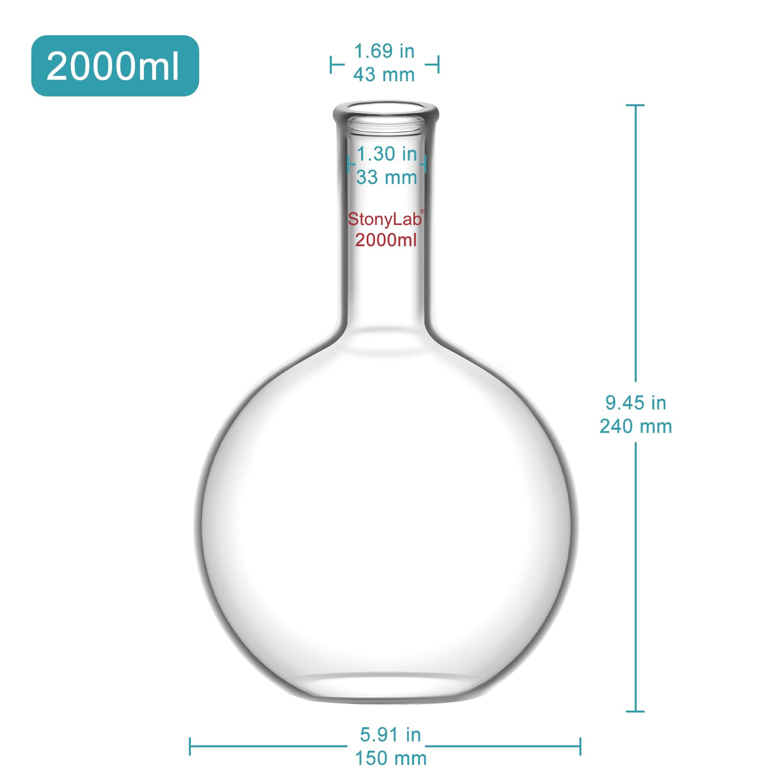 Matraz Fondo Plano 2000ml (2L) de Cristal Borosilicato Pared Gruesa con Cuello Largo Matraz Laboratorio