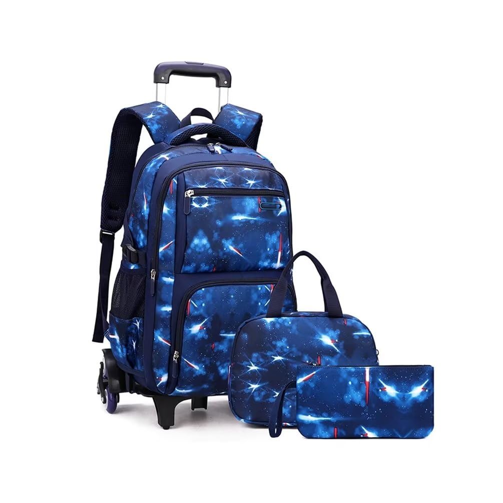 Zaino Trolley Scuola 3 in 1 Con Ruote, Borsa per il Pranzo e Sacchetto Portapenne per Ragazzi (Galassia Blu)