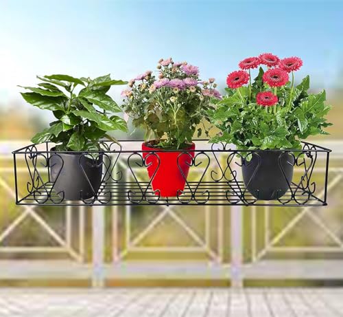 Image of IRON LANDS Metal Railings Pot Stand, Hanging Pot Stands For Plants In Balcony Railing Gamla For Decoration Items Indoor Outdoor Stand For Home Living Room Garden Decor (Pack Of 1 - Black)