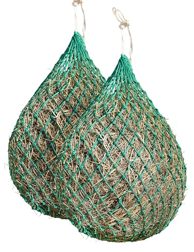 Harrison Howard 2 PCS Slow Feed Hay Net for Horses, 40 Inch Hay Bag Holds 1–2 Flakes, 2 Inch Mesh Durable Hanging Feeder for Stable, Pasture & Livestock-Grass Green