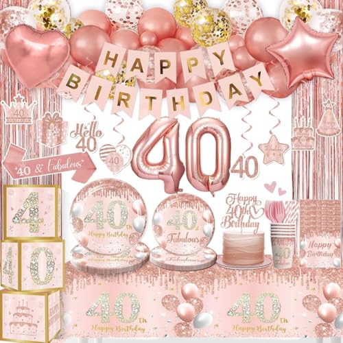 Cocomigo 195pcs 40th Birthday Decorations for Women with Plates, Cups, Banner, Sash, Balloons, 2pcs Waterproof Tablecloth, and Fringe Curtain Rose Gold Happy 40th Birthday Decorations, Serve