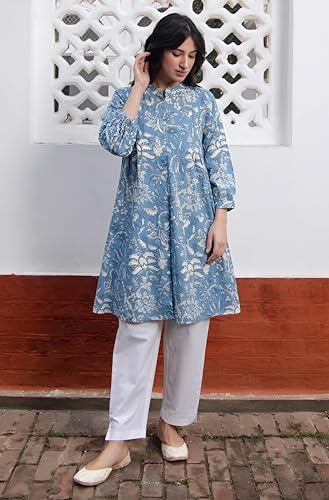 Image of Janasya Women's Pure Cotton Floral Printed A-Line Tunic