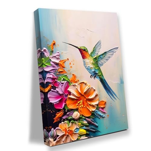 2D No Texture Colorful Painting Style Hummingbird Wall Art,Spring Flowers Canvas Print Posters,Humming Bird Picture for Bedroom,Living Room,Dining Room Wall Decoration 12*18 in (Stretched Canvas on A Wooden Frame)