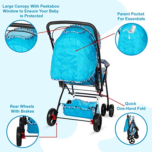 Image of Mee Mee Baby Stroller Pram 3 Position Seating Reversible Handle Fully Rotating Wheels for Newborn Baby /Kids, 0-4 Years, Light Blue
