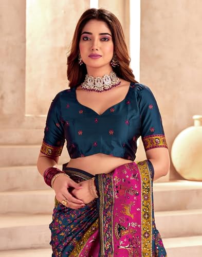 Image of SIRIL Women's Silk Kashmiri Minakari Jacquard Saree With Unstitched Blouse Piece