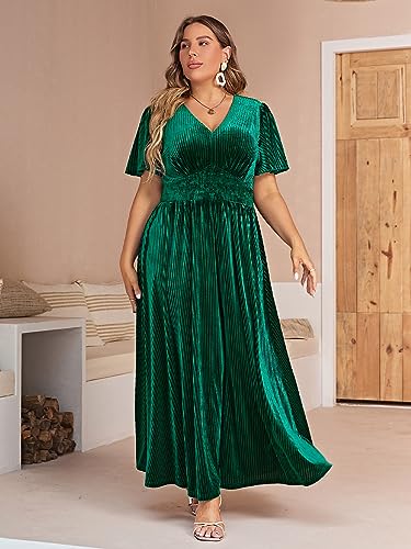 Image of Simplee Women's V Neck Velvet Maxi Dress Short Sleeve Empire Waist Long Formal Dress for Wedding Guest