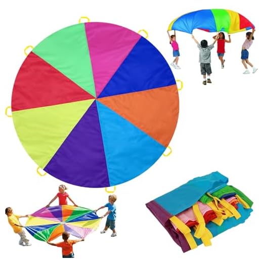Dimoxii 6FT Juego De Paracaídas de Color para Niños Arco Iris Juegos Actividades Deportivas Fiestas Ejercicios en Grupo Al Aire Libre (200cm de diámetro)