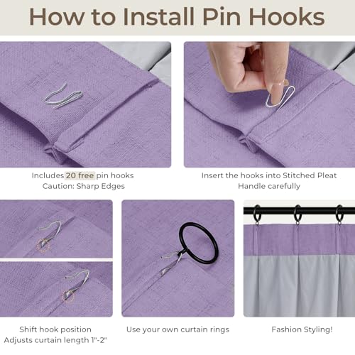 Pinch Pleated Blackout Curtains 84 Inch Long, Linen Blend, 100% Blackout Drapes with 20 Hooks, Ideal for Bedroom and Living Room, 40" W x 84" L (Pack of 2), Lavender Purple
