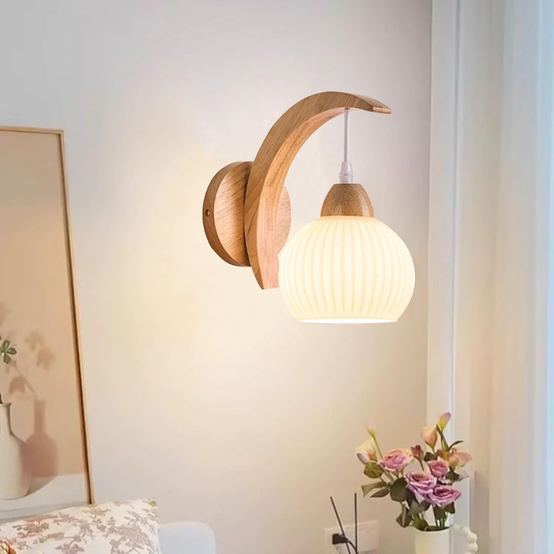 Applique Moderne con Paralume in Vetro, Stile Industriale, con Base in Legno, Ideali per Camera da Letto, Soggiorno, Scale, corridoi e soppalchi adibiti a Sala da Pranzo (Cachi)