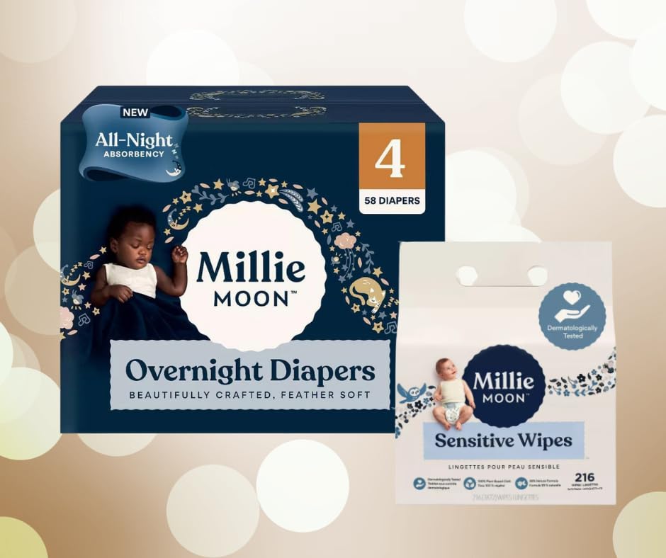 Image of Luxury Moon Overnight Disposible Diapers and Wipes Babyshower Diaper and Wipes Bundle Millie Vegan Plant Based Wipes 216 Count and Diapers Size 4 22-32 lbs 58 Count