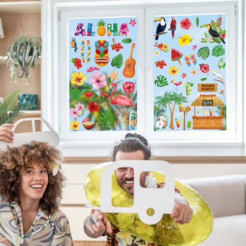 Image of 103 PCS Hawaiian Window Clings, 9 Sheets Tropical Hawaiian Party Decorations, Double-Sided Summer Window Clings with Tiki Masks Hibiscus Lei Patterns, Aloha Party Decorations for Home Office