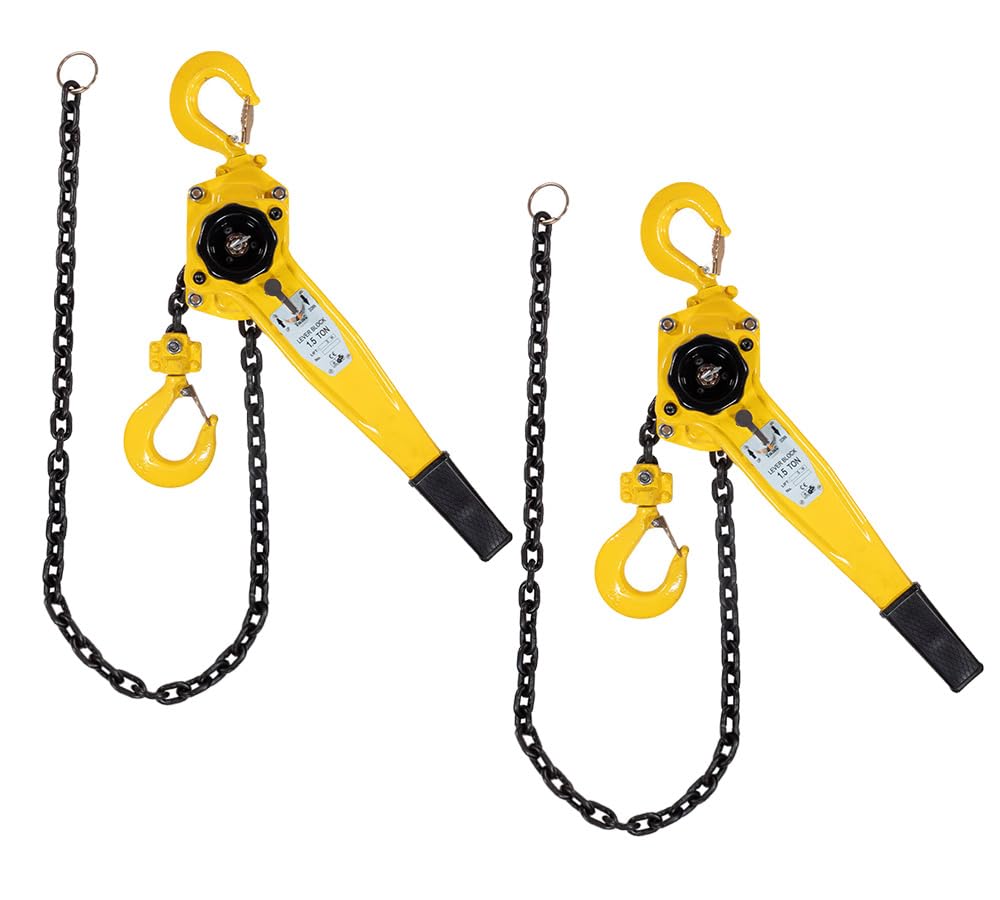 Mytee Products 2 Pack Viking Manual Lever Chain Hoist 1-1/2 Ton 3000 lbs 20' Lift 2 Heavy Duty Hooks, 360° Rotation Hook, Chain Come Along for Lifting Pulling Construction Building Warehouse