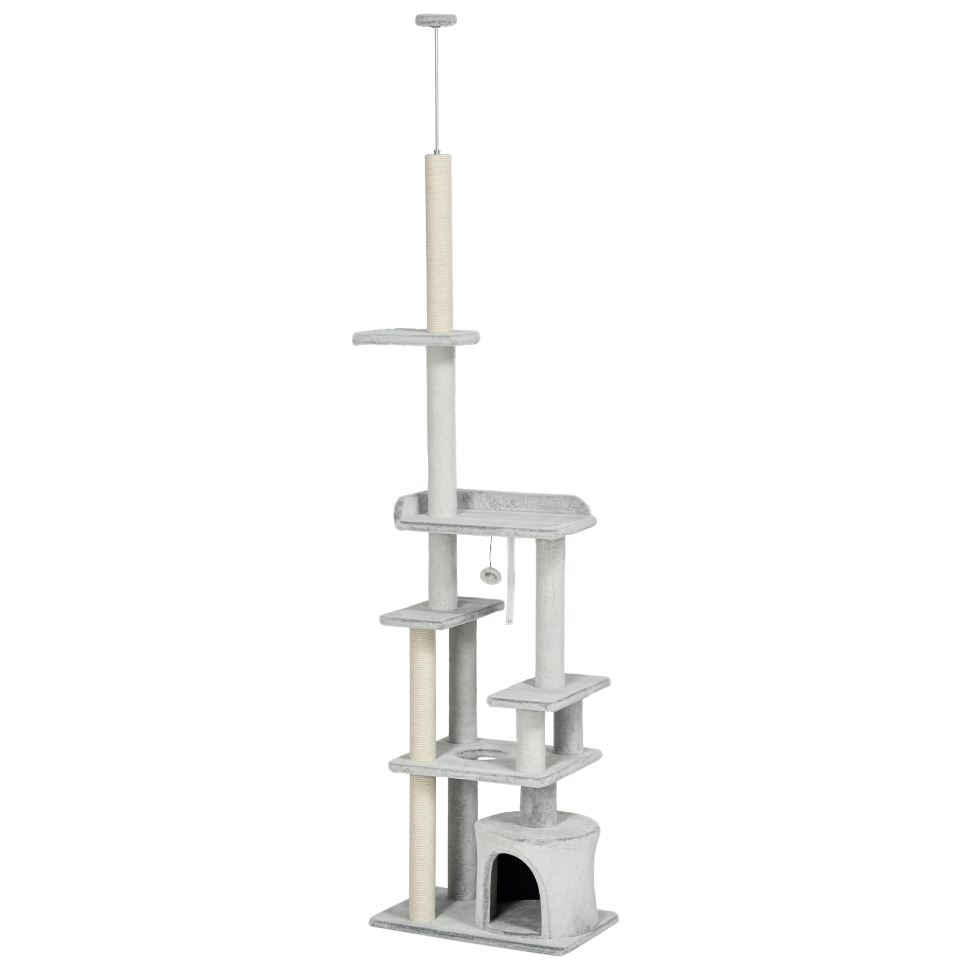 PawHut Tiragraffi per Gatti a Soffitto con Casetta 60x40x225-255cm Grigio | Albero per Gatti da Pavimento, 6 Livelli, Pali Tiragraffi