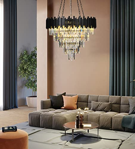 Afficat Luxurious K9 Crystal Chandelier, 5-Tier 18-Light Modern Industrial Crystal Chandeliers,Black Finish Round Pendant Light Fixture For Living Room, Dining Room, Foyer, (D32In-18 Lights) #TOP2
