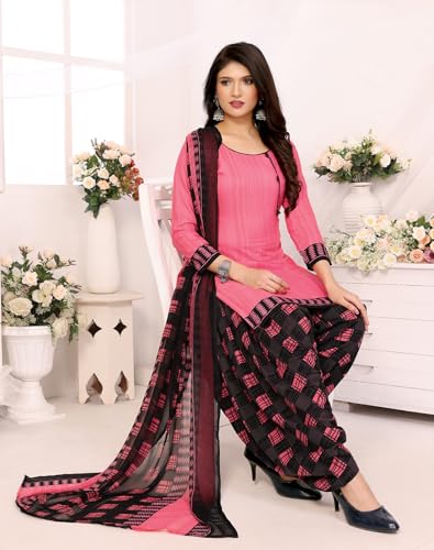 Image of Yashika Women's Printed Dress Material - Unstitched Crepe Fabric Kurti, Pants & Dupatta Set (AZ-YS-P4-NILU PINK), Customizable Length