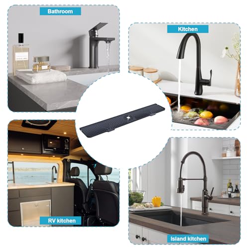 Image of Derlights 33 inch Sink Splash Guard Mat, Silicone Faucet Handle Drip Catcher Tray, Longer Silicone Sink Mat for KitchenBathroom, Drip Protector Splash Countertop (Black)
