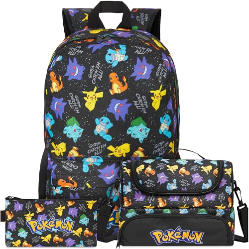 Get Trend Pokemon Kids Backpack Set 3 Piece School Bag with Pencil Case and Insulated Lunch Bag Lightweight Travel Large Rucksack School Supplies Gamers Gifts for Boys (Black/Multi Pokemon)