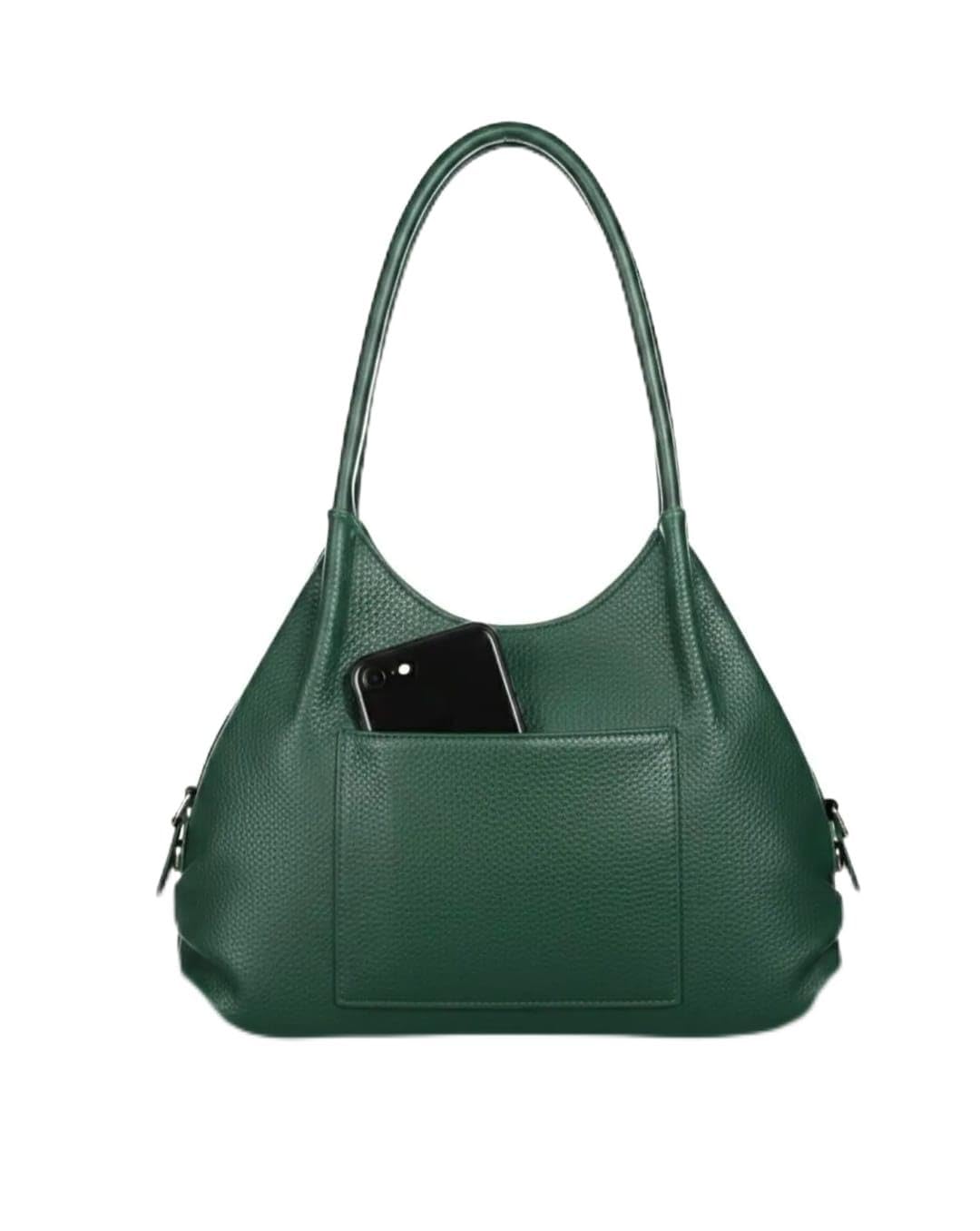 Green Leather Shoulder Bag for Women with External Pocket-image-21